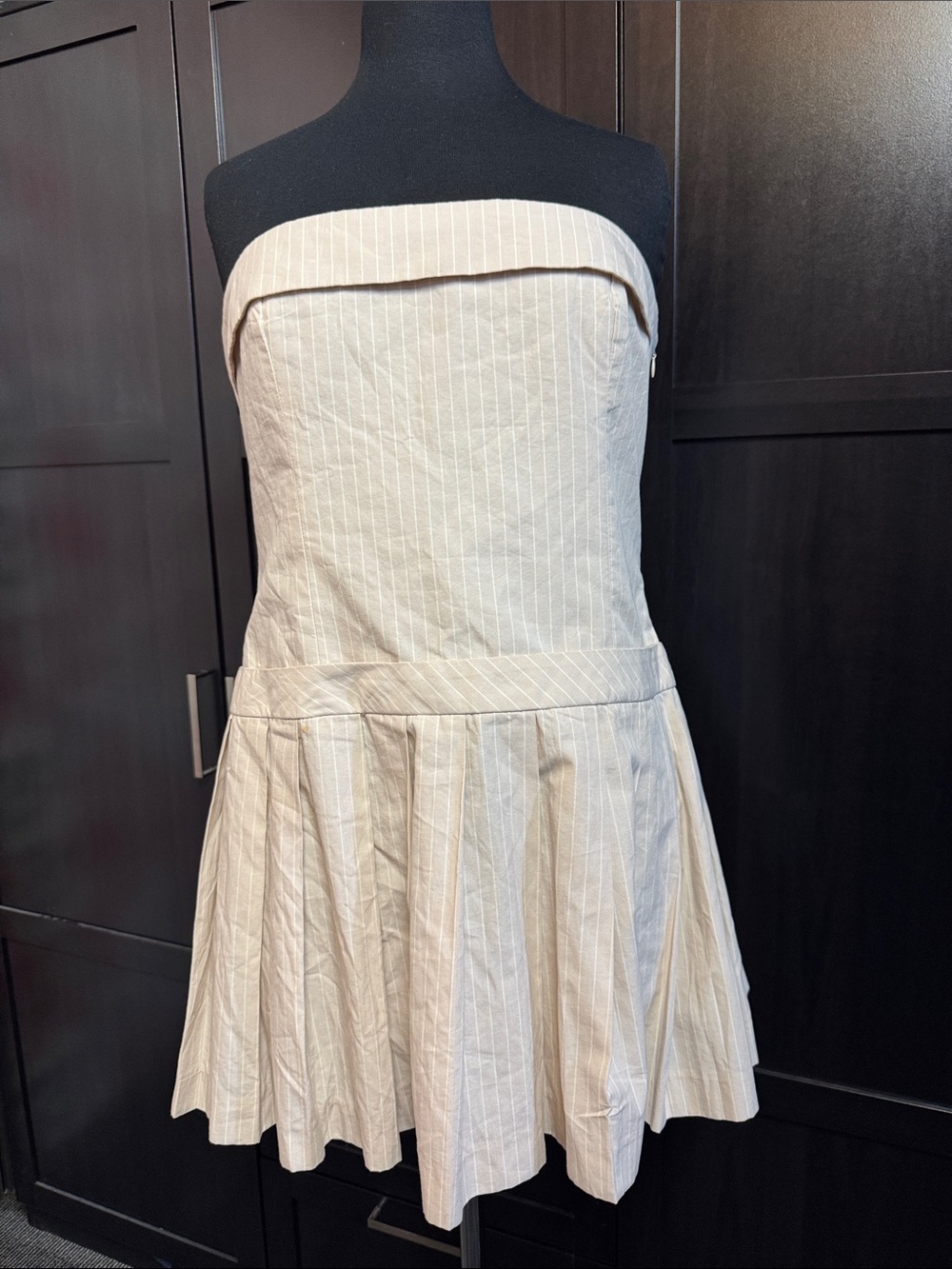 Zara Strapless Cream Pinstripe Pleated Mini Dress